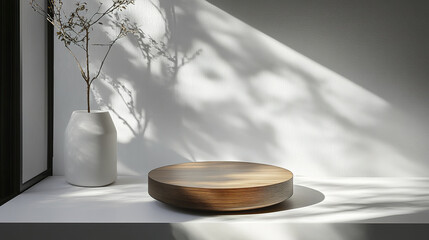 Sleek round wooden podium on clean white surface with soft natural light casting shadows from nearby vase with delicate branches, creating calm and minimalist scene