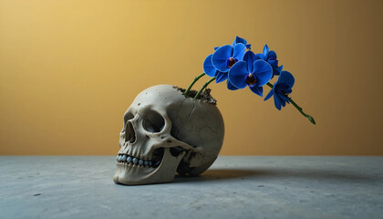 Still Life of a Human Skull with a Single Vibrant Blue Orchid Growing Out of the Cranium Against a Gold and Brown Background, Conceptual Art for Life and Death Contrast, Mortality, 