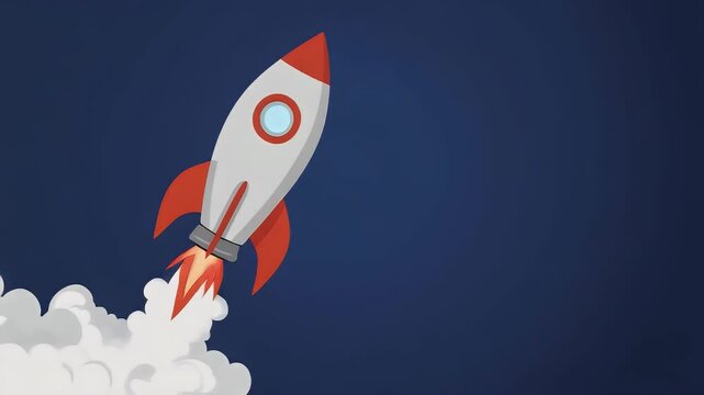 A cartoon rocket ship launching into space against a dark blue background, symbolizing innovation, progress, and the pursuit of dreams