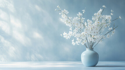 White flower branches in light blue ceramic vase on smooth surface with soft natural light and blurred blue background creating calm and peaceful atmosphere
