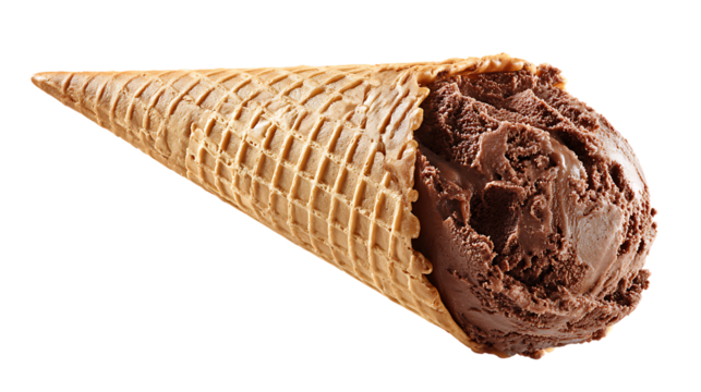 Chocolate ice cream scoop in waffle cone isolated on transparent background, closeup