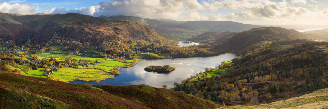Aerial view of Grasmere and Rydal Water in The Lake District, UK.