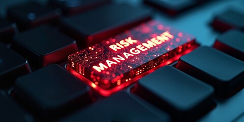 Risk management and business strategy concept. Glowing red illuminated key with circuit pattern on a dark keyboard