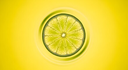 A vibrant, centrally-focused image of a sliced lime with visible pulp and rind, set against a bright yellow background with circular motion blur.