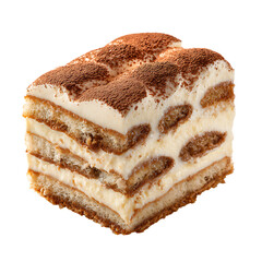 Close up view of tiramisu with cocoa powder on transparent background for menu design