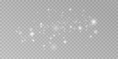White png dust light. Bokeh light lights effect background. Christmas background of shining dust Christmas glowing light bokeh confetti and spark overlay texture for your design.	