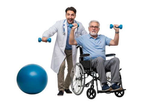 Doctor cheers senior in wheelchair lifting weights