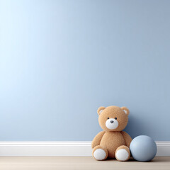 Obraz premium A Cozy Scene Featuring a Teddy Bear and Blue Ball Against a Light Blue Wall