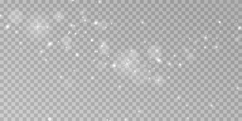 White png dust light. Bokeh light lights effect background. Christmas background of shining dust Christmas glowing light bokeh confetti and spark overlay texture for your design.	