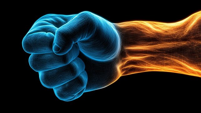 digital hologram of a futuristic fist with glowing energy lines in blue and orange colors