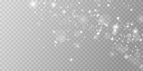 White png dust light. Bokeh light lights effect background. Christmas background of shining dust Christmas glowing light bokeh confetti and spark overlay texture for your design.	