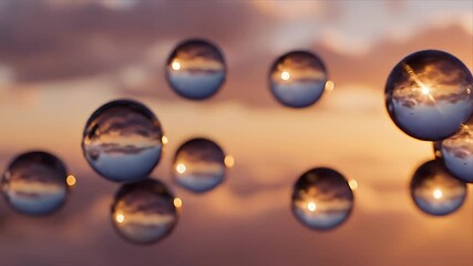 Reflective spheres slowly floating with stunning sunset sky reflections Golden hour light illuminates cloudy skies captured in abstract peaceful and ethereal - Powered by Adobe