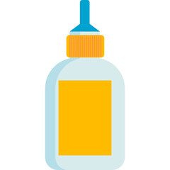 Illustration of a white bottle with a yellow label and a blue cap and nozzle containing glue or adhesive for crafting and office supplies