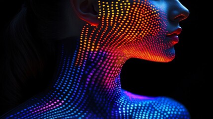 futuristic neon dot art portrait of a woman with vibrant light patterns