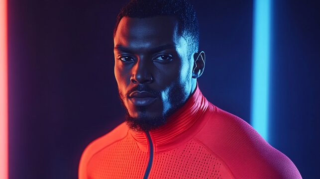 dynamic portrait of a fit african american athlete in a red sports jacket with neon lighting