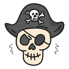 Skull in a pirate hat doodle icon vector isolated. Hand-drawn illustration of an evil ghost. Skeleton in black hat.
