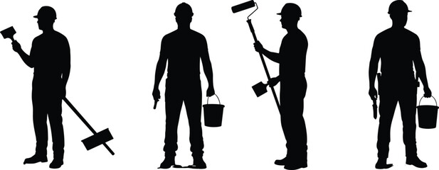 Construction workers silhouette, painting tools, hard hats, teamwork, industrial labor, paint roller, bucket, brush, renovation, black vector illustration
