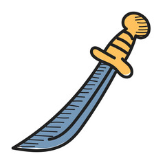 Pirate cutlass doodle icon vector isolated. Hand-drawn illustration of a pirate sword, sharp blade of a saber weapon.