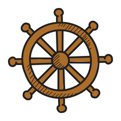 Ship wheel doodle icon vector isolated. Hand-drawn illustration of a boat wheel. Steering mechanism. Sea vessel wooden element.