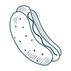 Doodle hot dog icon vector isolated. Hand-drawn illustration of a delicious hotdog made of bun and sausage. Tasty meal, fast food. Ready to eat snack with mustard.