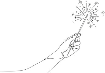 Hand holding sparkler in single line art style on a light beige background