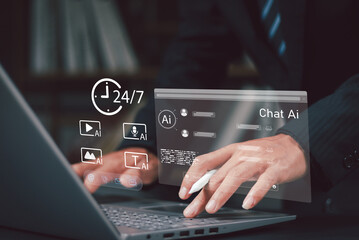 Customer support concept with chatbot assistant person interacting through online service artificial intelligence, CRM software technology for efficient customer service and digital contact solutions