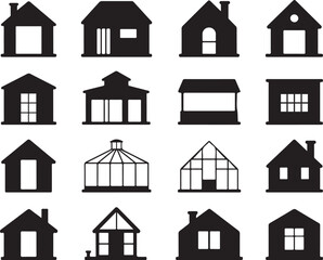 Black silhouette icons of various house and building styles