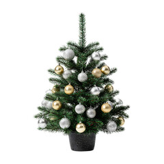 Mini Christmas tree with metallic ornaments. Isolated white background. Png format