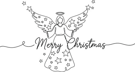 Elegant christmas angel line art with stars and merry christmas text design