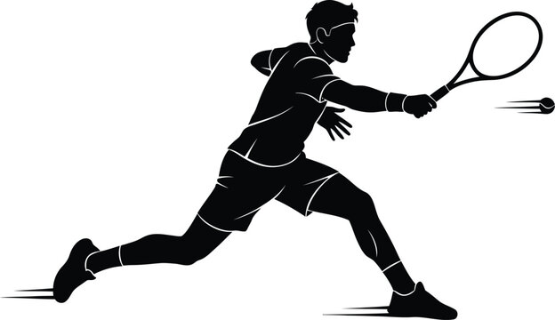 Male tennis player silhouette, dynamic action shot with racket and ball.