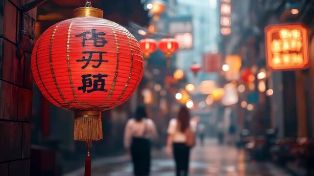 A vibrant red Chinese lantern with calligraphy dominates, blurred figures walk in a street