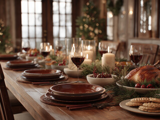 A festive Christmas dinner table, no people, decorated with candles and garlands