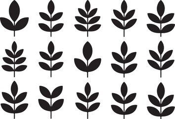 Collection of Black Leaf Branch Icons on White Background