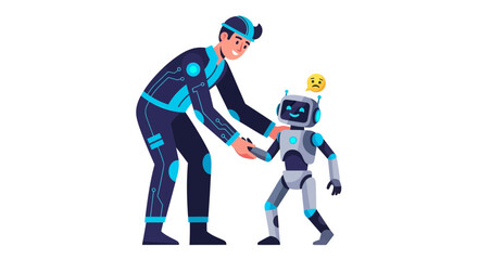 Human Interacting With Friendly Robot, Sharing a Moment in Technological Collaboration