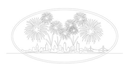 Skyline silhouette with fireworks display in a continuous line drawing style