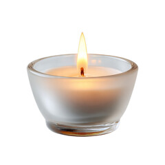Small tea light candle in frosted glass cup. Isolated white background. Png format