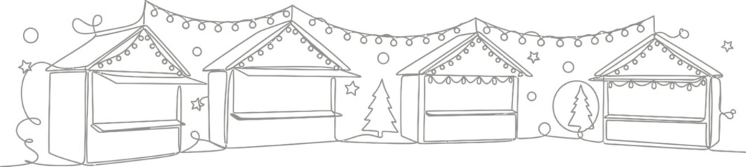 Continuous line drawing of christmas market stalls with festive string lights