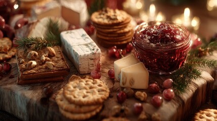 A beautifully arranged charcuterie board featuring holiday-themed cheeses, jams, and crackers,