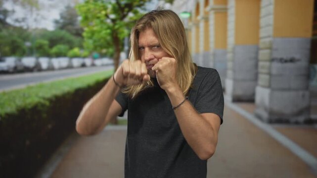 Blond man with long hair and clenched fists standing ready to punch on a street sidewalk beside a building facade; anger.