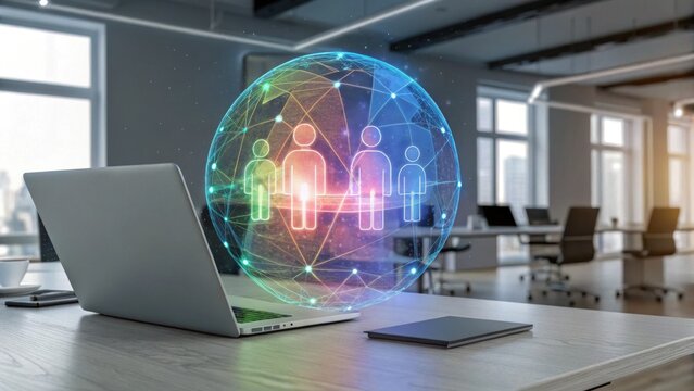 A digital workspace featuring a laptop with a holographic globe symbolizing connectivity and collaboration among people.