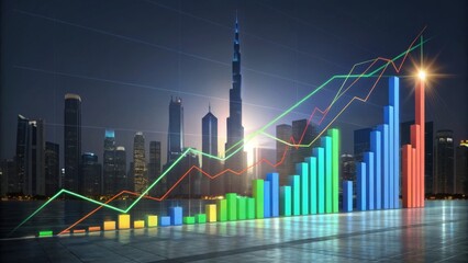 A modern city skyline with a vibrant graph overlay, symbolizing growth and economic progress against a twilight background.