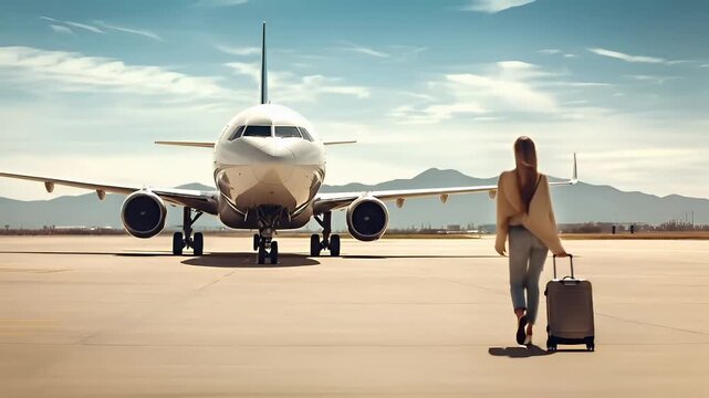 A woman in a beige sweater and light blue trousers walks towards an airplane on a tarmac, with a suitcase in hand. The sky is clear with a few wispy clouds.