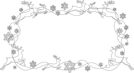 Elegant christmas frame with reindeer and snowflakes in a continuous line art © Murshid