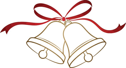 Golden christmas bells with red ribbon on a white background illustration