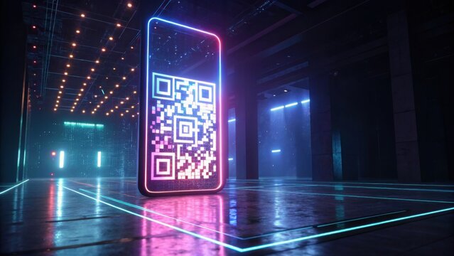 A futuristic setting features a glowing phone displaying a QR code, surrounded by colorful lighting and sleek architecture, evoking a tech-inspired ambiance.