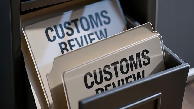 Customs review form folder filing cabinet illuminated by soft light and open metal drawer conveying administrative document office organization, labeled bold awaiting inspection and official review