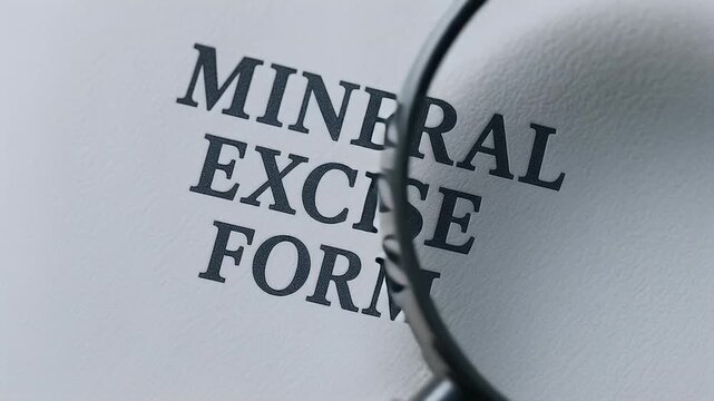 Mineral excise form document magnified under magnifying glass close up highlighting tax paperwork audit concern and compliance review with focused detail and serious professional mood