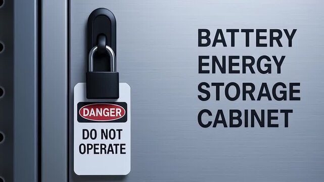 Battery energy storage cabinet locked with padlock and warning tag showing danger do not operate and safety lockout preventing operation during maintenance conveying hazard and restricted access