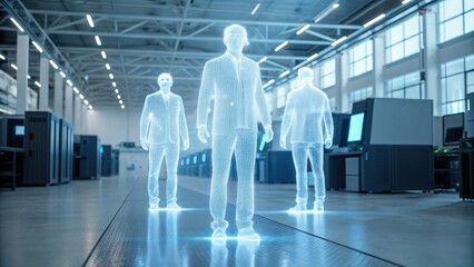 A futuristic scene depicting holographic figures of people in a modern industrial setting, showcasing technology and innovation in a workspace.