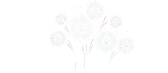 Fireworks over city skyline illustration on black background for celebration